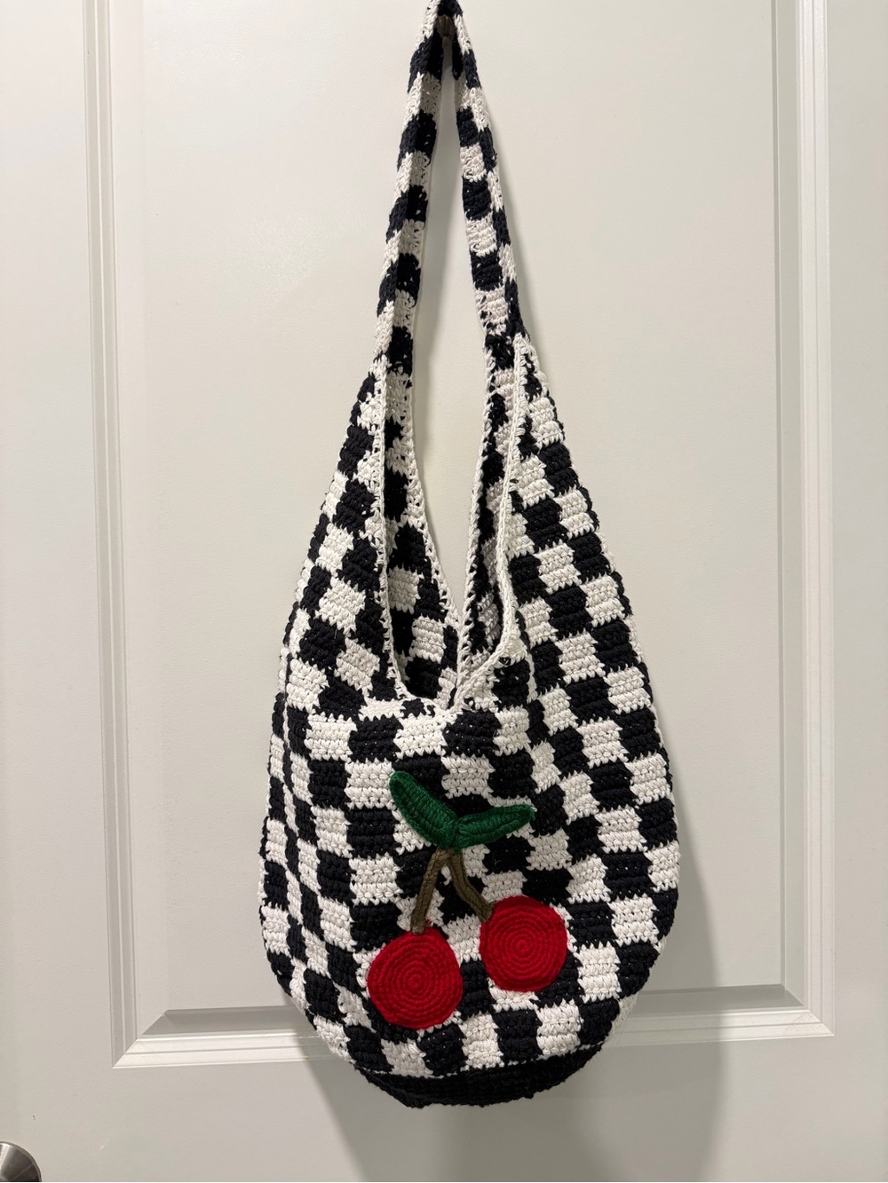 Checkered Crochet Cherry Shoulder Bag - Black & White